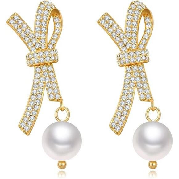 Pearl Bow Earrings | 18K Gold Plated Studs | Dainty Minimalist Jewelry - Picture 6 of 6